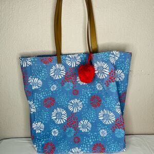 Floral Red White And Blue Canvas Tote Bag Faux Leather Brown Handle Straps